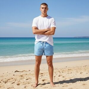 Ibiza Ocean Club Swim Trunks 36 Blue White Gingham Checkered‎ Drawstring Shorts